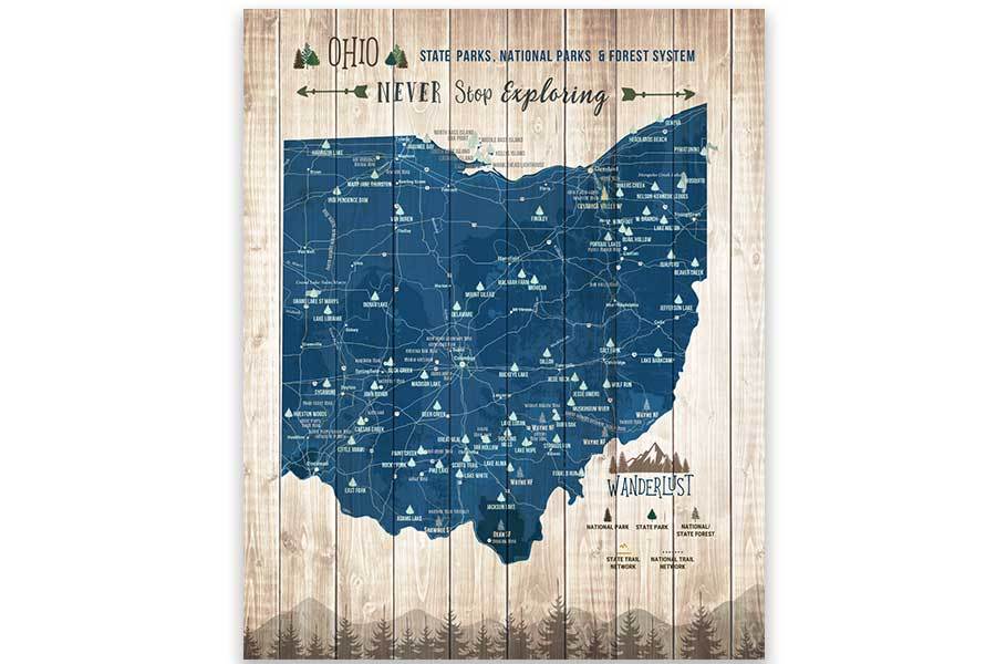 Ohio State Parks Map, Canvas, Push Pin Map World Vibe Studio 12X16 Navy-Blue 