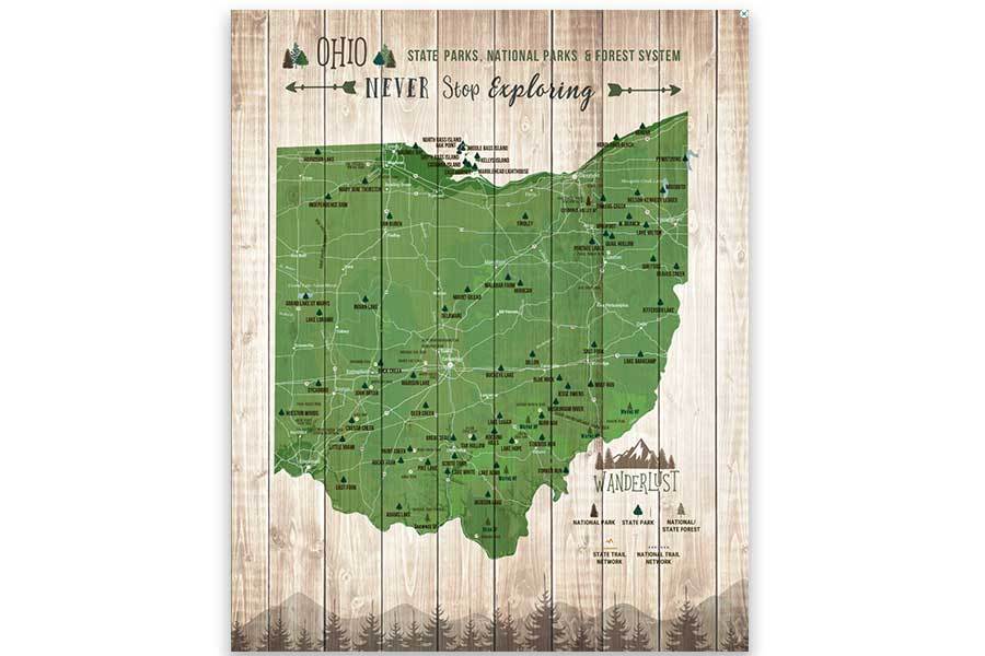 Ohio State Parks Map, Canvas, Push Pin Map World Vibe Studio 12X16 Green 
