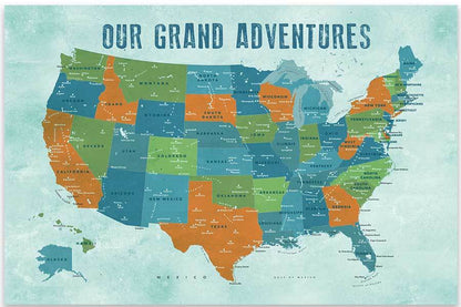 Map of USA, Poster, Orange and teals, Wall Decor Map World Vibe Studio 