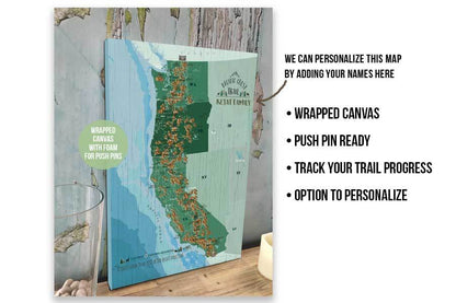 Pacific Crest Trail Map, Canvas Push Pin Board, Track Your Hike Map World Vibe Studio 
