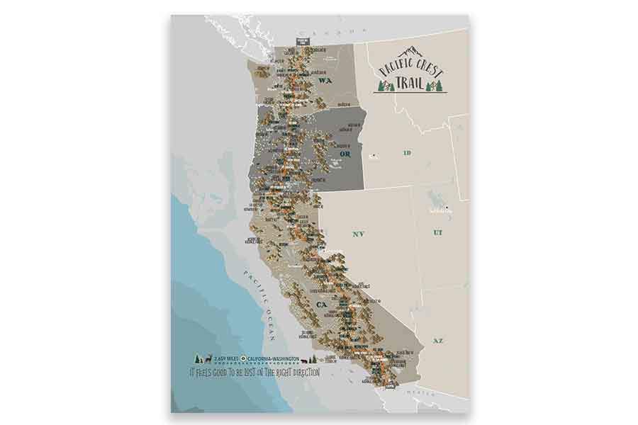 Pacific Crest Trail Map, Canvas Push Pin Board, Track Your Hike Map World Vibe Studio 12X16 Tans 