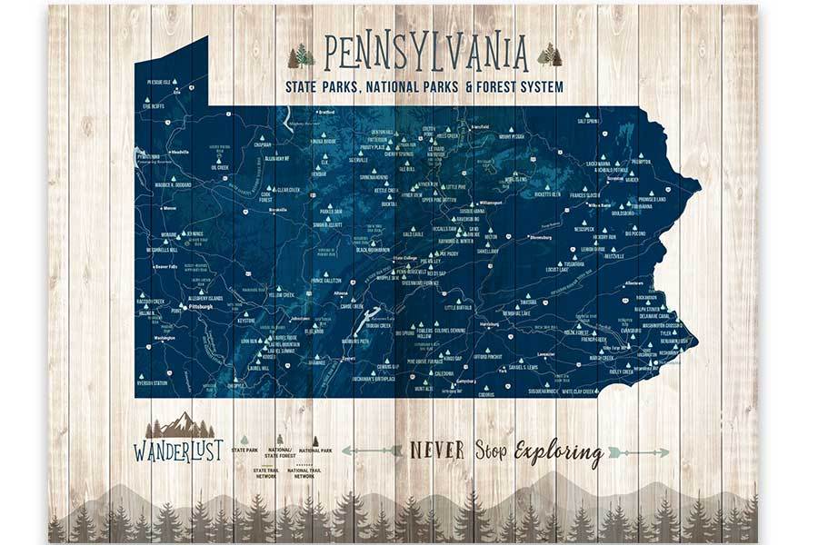 Pennsylvania State Park Map, Custom options Map World Vibe Studio 12X16 Navy-Blue 