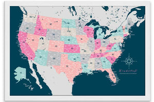 Pink and Blue USA Map, Framed, Push Pin Travel Map Map World Vibe Studio 