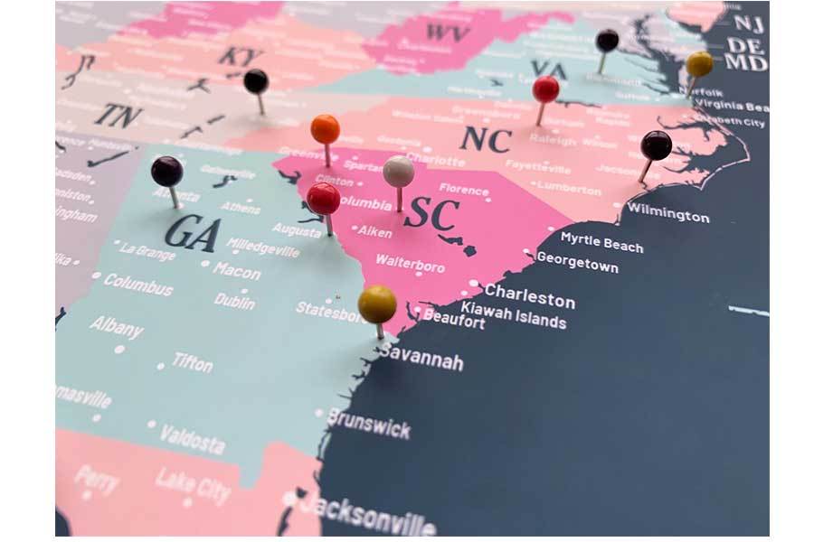 Pink and Blue USA Map, Framed, Push Pin Travel Map Map World Vibe Studio 