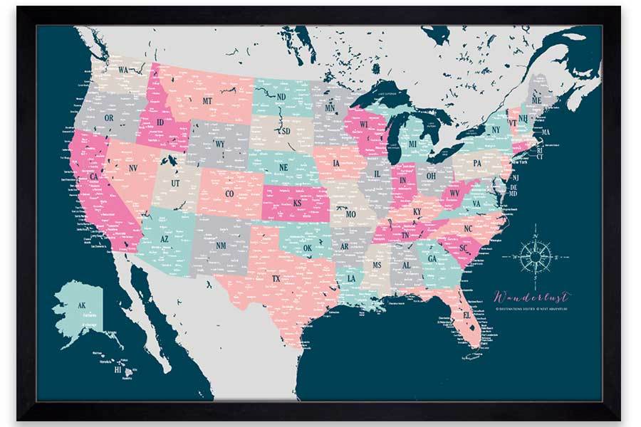 Pink and Blue USA Map, Framed, Push Pin Travel Map Map World Vibe Studio 
