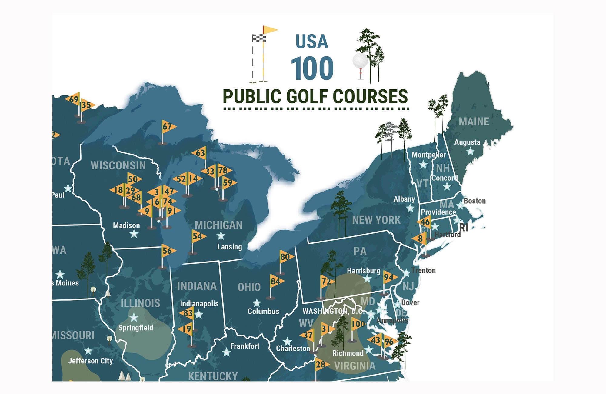 Top 100 PUBLIC Golf Course, Poster, Push Pin Option, PUBLIC, FRAMED Map World Vibe Studio 