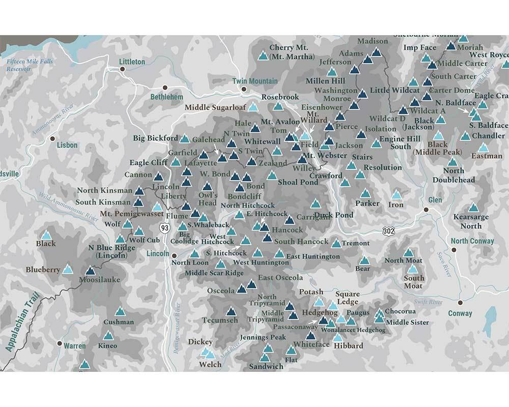 New Hampshire 4000 Footers, Includes 3000 and 2000 Footers, Poster, Many sizes Map World Vibe Studio 