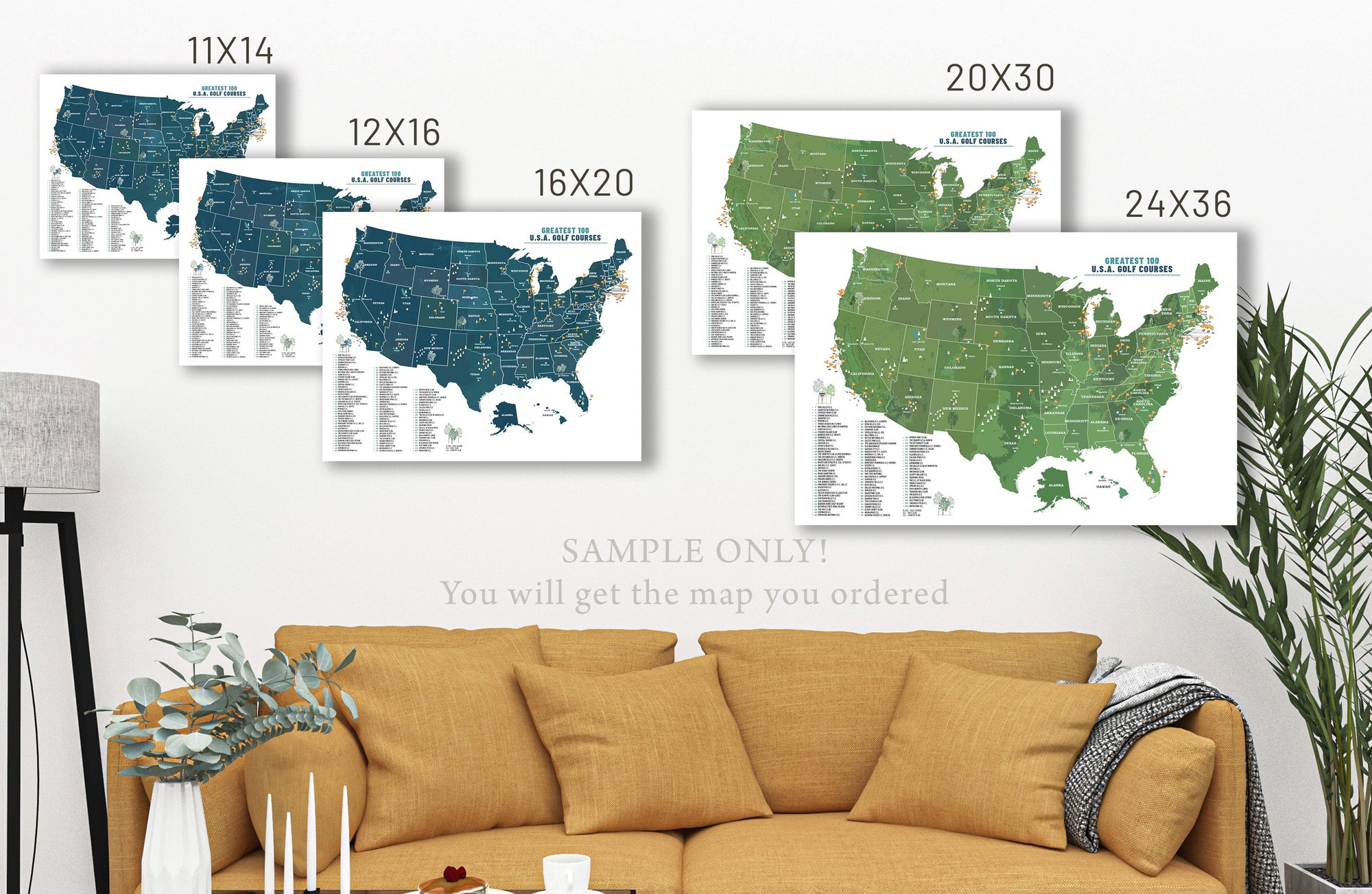 Top 100 Golf Courses Poster, USA Greatest 100, Push Pin Option, FRAMED Map World Vibe Studio 