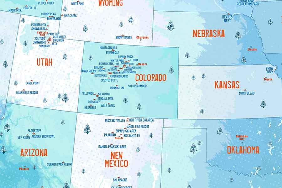 Ski Resorts of USA, Framed, Push Pin Map Map World Vibe Studio 