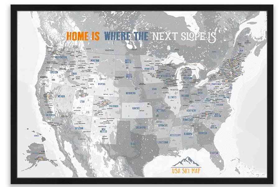 Ski Resorts of USA, Framed, Push Pin Map Map World Vibe Studio 20X30 Ski-Gray 