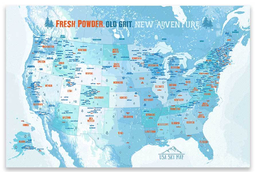 Ski Resorts of USA, Framed, Push Pin Map Map World Vibe Studio 20X30 Ski-Blue 