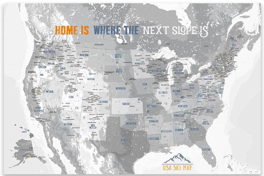 Ski and Snowboarding Map of America, Poster Map World Vibe Studio 18X24 gray 