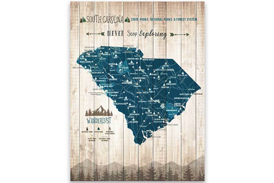 South Carolina State Parks Map, Hiker Gifts Map World Vibe Studio 12X16 Paper Print Blue
