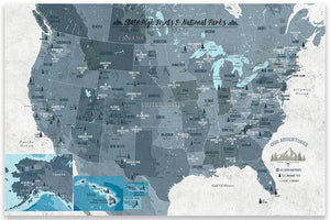 State High Points Map, Foam Mounted, Push Pin Board Map World Vibe Studio 