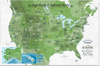 State High Points Map, Foam Mounted, Push Pin Board Map World Vibe Studio 