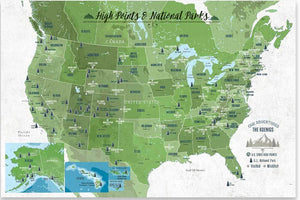 Framed Map of State High Points, Includes 61 National US Parks Map World Vibe Studio 