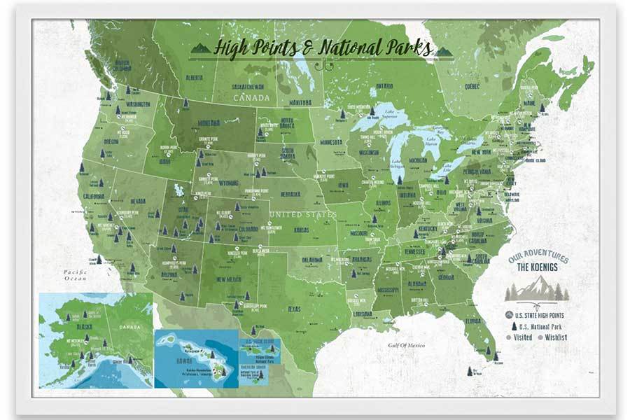 Framed Map of State High Points, Includes 61 National US Parks Map World Vibe Studio 