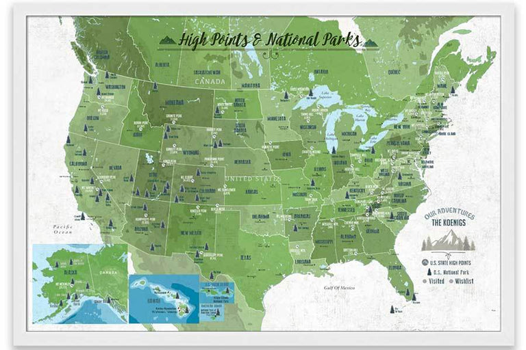 Framed Map of State High Points, Includes 63 National US Parks – World ...