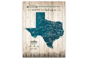 Texas Map, State Park Map of Texas Map World Vibe Studio 12X16 Navy-Blue 