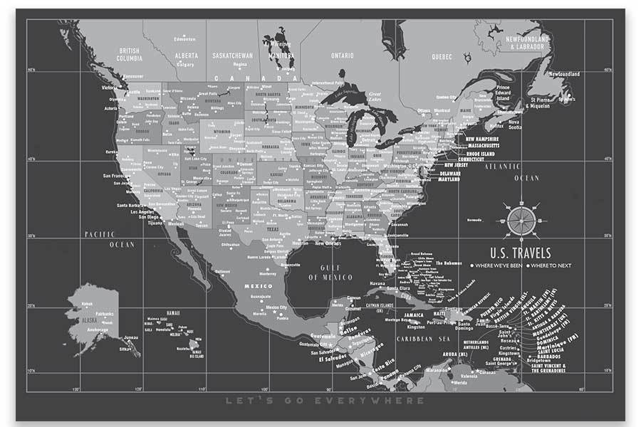 US Map with Caribbean, Canvas Board, Modern Charcoal Map World Vibe Studio 