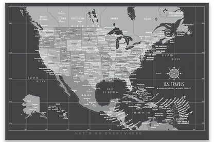 US Map with Caribbean, Canvas Board, Modern Charcoal Map World Vibe Studio 