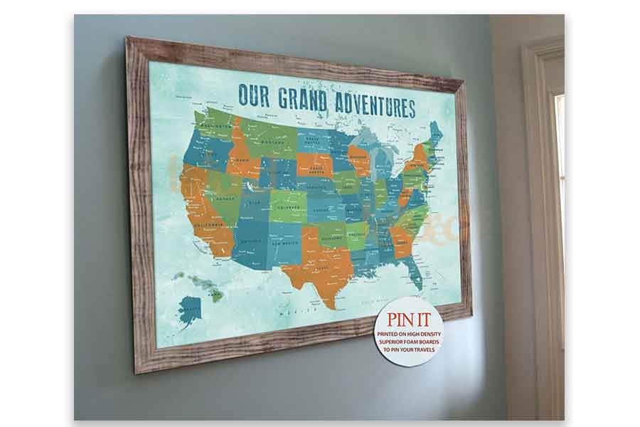 Map of USA, Framed, Push Pin Travel Map Map World Vibe Studio 