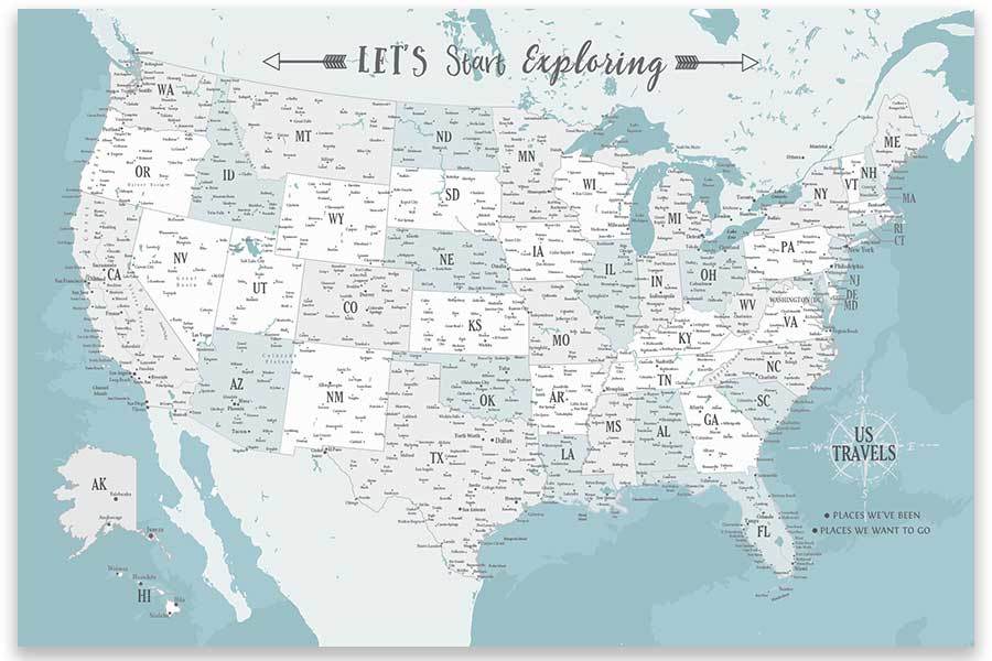 Personalized US map, Modern Blue and White, Unframed Map World Vibe Studio 