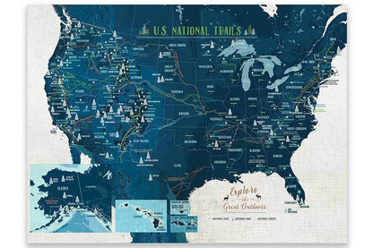 National Trails of USA, Poster Map World Vibe Studio 18X24 Blues 