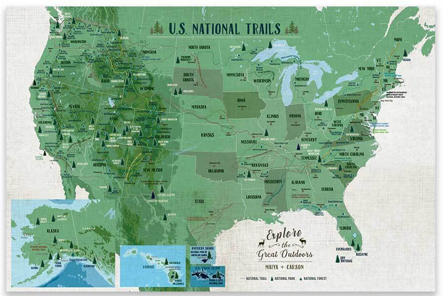 National Trails of USA, Poster Map World Vibe Studio 18X24 Greens 