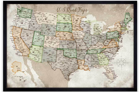 USA Road Trips, Framed, Push Pin Travel Map World Vibe Studio 